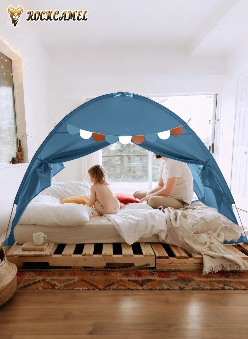 ROCKCAMEL Kids Play Tent, Large Indoor Play House Tent with Lights & Flags, Princess Castle Tent for Girls Boys, Children Play Castle for Reading, Fort, Bedroom & Camping, Birthday Holiday Gift (194×98×120cm, Blue） - Image 2